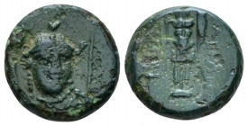 Lucania, Heraclea Bronze circa III-II cent, Æ 13.50 mm., 2.67 g.
Facing head of Athena, slightly r., wearing Phrygian helmet. Rev. Trophy. Van Keuren...
