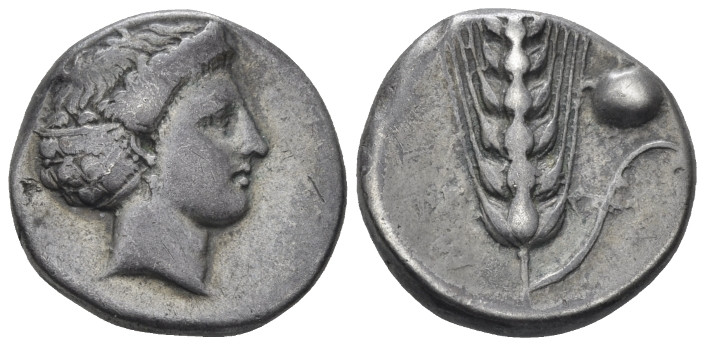 Lucania, Metapontum Nomos circa 400-340, AR 20.00 mm., 7.53 g.
Head of Demeter ...