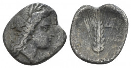 Lucania, Metapontum Diobol circa 325-275, AR 11.00 mm., 1.02 g.
Head of Demeter r. Rev. Ear of barley with plough on leaf to r. Johnston-Noe F2. Hist...