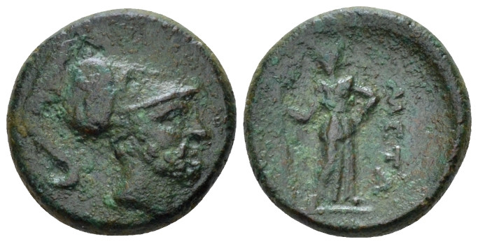 Lucania, Metapontum Bronze circa 225-200, Æ 17.00 mm., 4.70 g.
Helmeted head of...