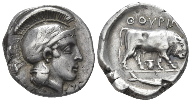 Lucania, Thurium Stater circa 443-400, AR 20.80 mm., 7.85 g.
Head of Athena r.,...