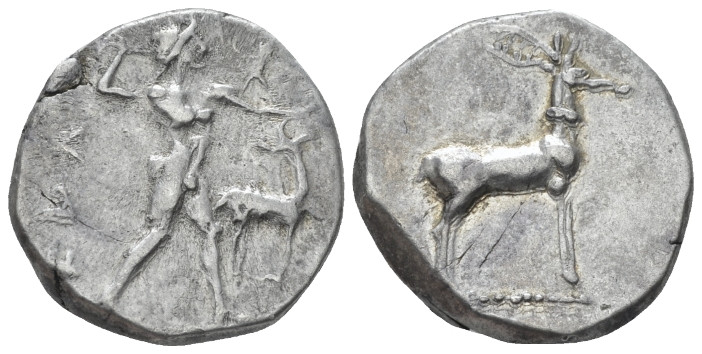 Bruttium, Caulonia Nomos circa 475-425, AR 20.80 mm., 7.99 g.
Apollo standing r...