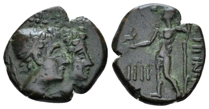 Bruttium, Rhegium Tetras circa 215-150, Æ 15.00 mm., 2.78 g.
Jugate head of Dio...