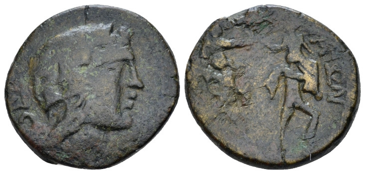 Sicily, Catana Bronze II-I cent., Æ 20.00 mm., 6.19 g.
Wreathed head of Dionysu...