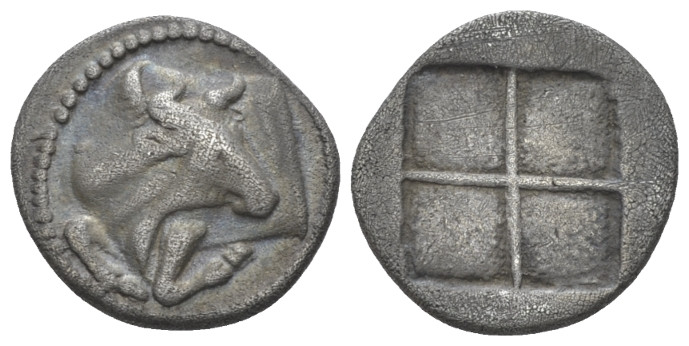 Macedonia, Acanthus Tetrobol circa 470-390, AR 15.40 mm., 2.41 g.
Forepart of b...