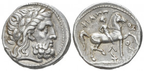 Kingdom of Macedon, Philip II, 359-336 Amphipolis Tetradrachm circa 307-297 BC, AR 24.70 mm., 14.36 g.
Laureate head of Zeus r. Rev. Nude youth on ho...