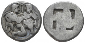 Island of Thrace, Thasos Stater circa 525-463, AR 20.20 mm., 8.81 g.
Naked ithyphallic satyr supporting nymph under thighs with r. arm, the l. hand u...