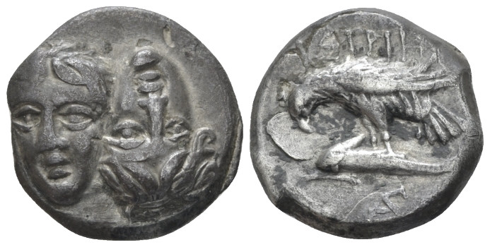 Moesia, Istros Drachm IV century, AR 18.00 mm., 5.32 g.
Facing male heads, the ...
