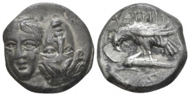Moesia, Istros Drachm IV century, AR 18.00 mm., 5.32 g.
Facing male heads, the l. inverted. Rev. Sea-eagle flying l., grasping dolphin with talons; b...