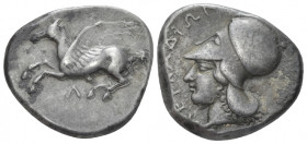 Acarnania, Leucas Stater circa 375-300, AR 20.60 mm., 8.49 g.
Pegasus flying r. Rev. Helmeted head of Athena l. Pegasi 49. BCD Acarnania 194 var.

...