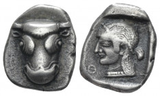 Phocis, Phokian League Triobol circa 490-485, AR 14.30 mm., 2.72 g.
Frontal bull's head. Rev. Head of Artemis l. in incuse square. BCD Lokris-Phokis ...
