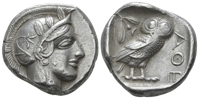 Attica, Athens Tetradrachm after 449 BC, AR 24.00 mm., 17.17 g.
Head of Athena ...