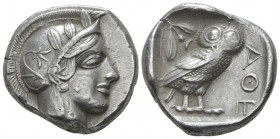 Attica, Athens Tetradrachm after 449 BC, AR 24.00 mm., 17.17 g.
Head of Athena r., wearing Attic helmet decorated with olive leaves and palmette. Rev...