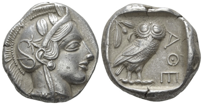 Attica, Athens Tetradrachm after 449 BC, AR 25.00 mm., 17.11 g.
Head of Athena ...