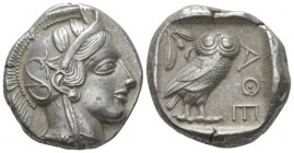 Attica, Athens Tetradrachm after 449 BC, AR 25.00 mm., 17.11 g.
Head of Athena r., wearing Attic helmet decorated with olive leaves and palmette. Rev...