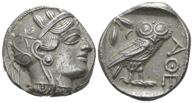 Attica, Athens Tetradrachm After 449 BC, AR 24.00 mm., 17.19 g.
Head of Athena ...