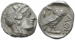 Attica, Athens Tetradrachm After 449 BC, AR 24.00 mm., 17.19 g.
Head of Athena r., wearing Attic helmet decorated with olive wreath and palmette. Rev...