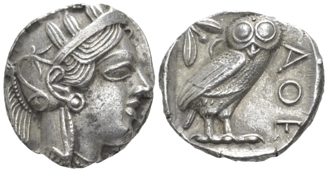 Attica, Athens Tetradrachm after 449 BC, AR 23.50 mm., 17.18 g.
Head of Athena ...