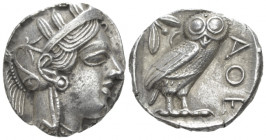 Attica, Athens Tetradrachm after 449 BC, AR 23.50 mm., 17.18 g.
Head of Athena r., wearing Attic helmet decorated with olive leaves and palmette. Rev...
