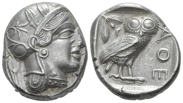 Attica, Athens Tetradrachm after 449 BC, AR 24.15 mm., 17.15 g.
Head of Athena ...
