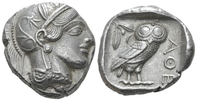 Attica, Athens Tetradrachm after 449 BC, AR 25.00 mm., 17.19 g.
Head of Athena ...