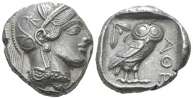 Attica, Athens Tetradrachm after 449 BC, AR 25.00 mm., 17.19 g.
Head of Athena r., wearing Attic helmet decorated with olive leaves and palmette. Rev...