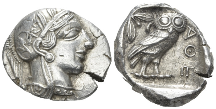 Attica, Attica Tetradrachm After 449 BC, AR 26.70 mm., 17.12 g.
Head of Athena ...