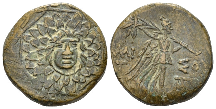 Pontus, Amisus Bronze circa 108-85, Æ 20.20 mm., 7.63 g.
Gorgoneion. Rev. Nike ...