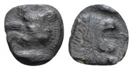 Mysia, Cyzicus Hemiobol circa 525-475, 8.00 mm., 0.25 g.
Forepart of boar l.; in r. field, tunny. Rev. Head of lion r. SNG France 385. Klein 265.

...