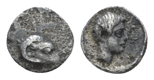 Troas, Kebren Tetartemorion circa 400, AR 4.00 mm., 0.12 g.
Laureate Head of Ap...