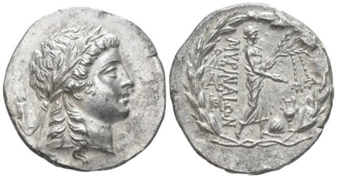 Aeolis, Myrina Tetradrachm circa 160-143, AR 30.00 mm., 16.53 g.
Laureate head ...