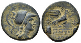 Phrygia, Apamea Bronze circa 133-48, Æ 22.00 mm., 7.18 g.
Bust of Athena r., wearing Corinthian helmet and aegis. Rev. Eagle r., landing on maeander ...