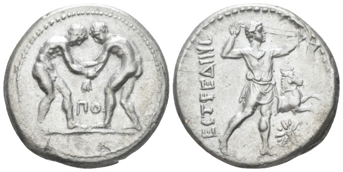 Pamphilia, Aspendus Stater circa 320-250, AR 25.20 mm., 10.34 g.
Two wrestlers ...