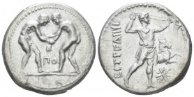 Pamphilia, Aspendus Stater circa 320-250, AR 25.20 mm., 10.34 g.
Two wrestlers grappling; below, ΠO. Rev. ECTFEΔIIIC Slinger striding r; in r. field,...