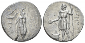 Pamphilia, Side Stater III century BC, AR 21.70 mm., 10.64 g.
Athena standing l., holding Nike and spear resting her l. and resting on a shield; in f...