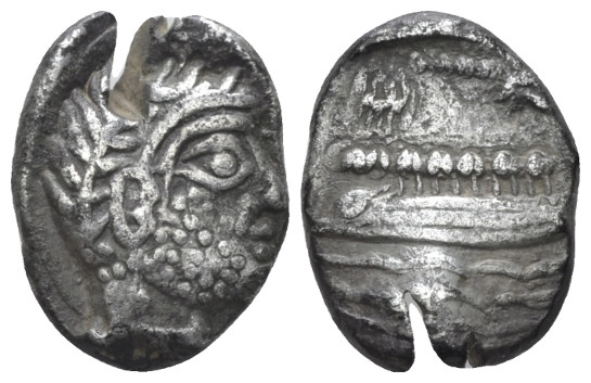 Phoenicia, Aradus Tetrobol circa 385-377, AR 12.50 mm., 3.39 g.
Laureate head o...