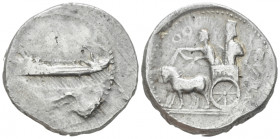Phoenicia, Sidon Double siglos circa 342-333, AR 28.60 mm., 25.62 g.
Galley l. Rev. The Great King on chariot l. driven by charioteer; behind, soldie...