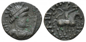 Bactria, Kushan Empire, Soter Megas, 80-113 Bronze circa 80-113, Æ 14.00 mm., 1.65 g.
Radiate, diademed, and draped bust of Miiro (Mithra) r., holdin...