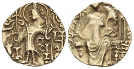 Bactria, Kushan Empire, Kipunadha, circa 335-350 Dinar circa 335-350, EL 17.70 mm., 7.62 g.
Kipunada standing l., sacrificing over altar and holding ...