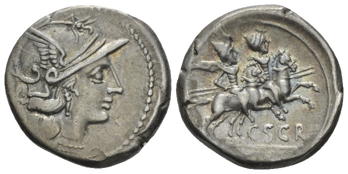 C. Scribonius. Denarius circa 154, AR 18.50 mm., 3.96 g.
Helmeted head of Roma ...