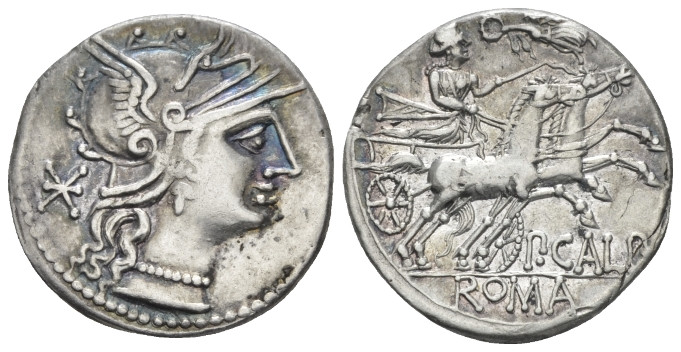 P. Calpurnius. Denarius circa 133, AR 20.50 mm., 3.36 g.
Helmeted head of Roma ...