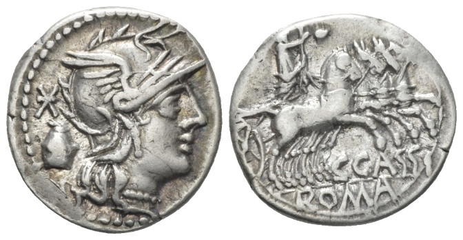 C. Cassius Longinus. Denarius circa 126, AR 17.00 mm., 3.45 g.
Helmeted head of...