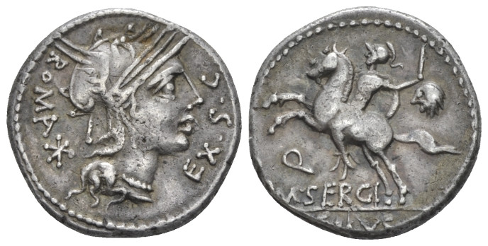 M. Sergius Silus. Denarius 116 or 115, AR 18.00 mm., 3.94 g.
Helmeted head of R...