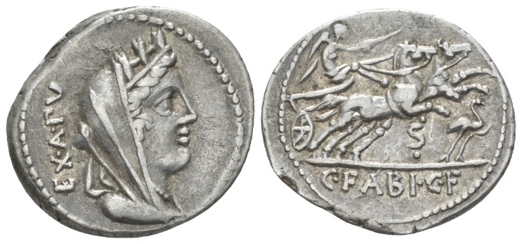 C. Fabius C.f. Hadrianus. Denarius circa 102, AR 20.50 mm., 3.22 g.
Turreted an...