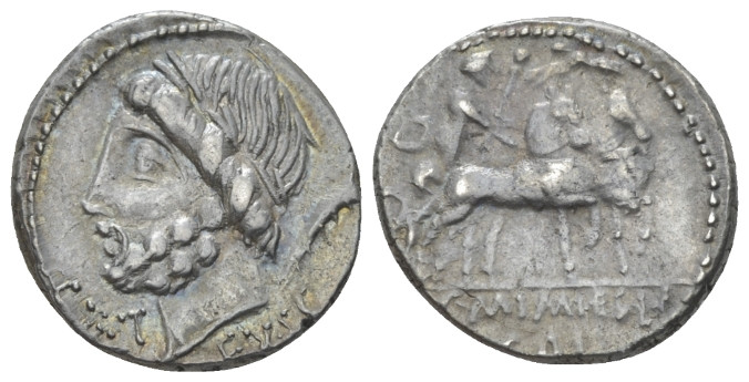 L. Memmius Gal. Denarius circa 87, AR 17.10 mm., 3.71 g.
Laureate head of Satur...