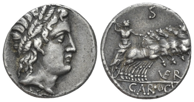 Ver, Gar, Ogul. Denarius circa 86, AR 17.60 mm., 3.86 g.
Head of Apollo r., wea...