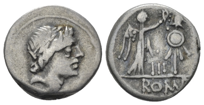 Anonymous Quinarius uncertain mint 81, AR 14.00 mm., 1.91 g.
Laureate head of A...