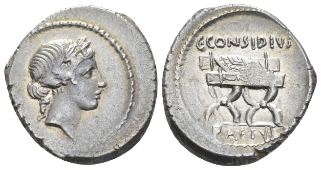 C. Considius Paetus. Denarius circa 46, AR 18.40 mm., 3.82 g.
Laureate head of ...