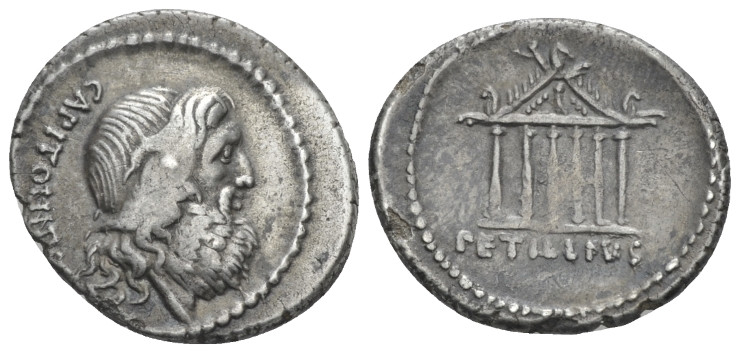 Petillius Capitolinus. Denarius circa 41, AR 19.00 mm., 3.78 g.
CAPITOLINVS Hea...