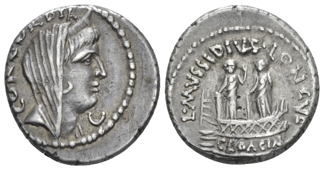 L. Mussidius Longus. Denarius circa 42, AR 17.00 mm., 4.20 g.
CONCORDIA Diademe...